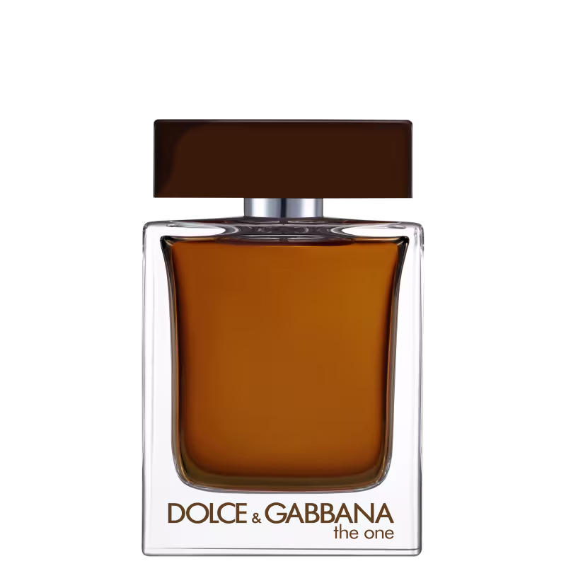 Frasco de perfume Dolce & Gabbana The One, com design retangular em vidro transparente e tampa marrom. O rótulo exibe o nome da marca em letras douradas.
