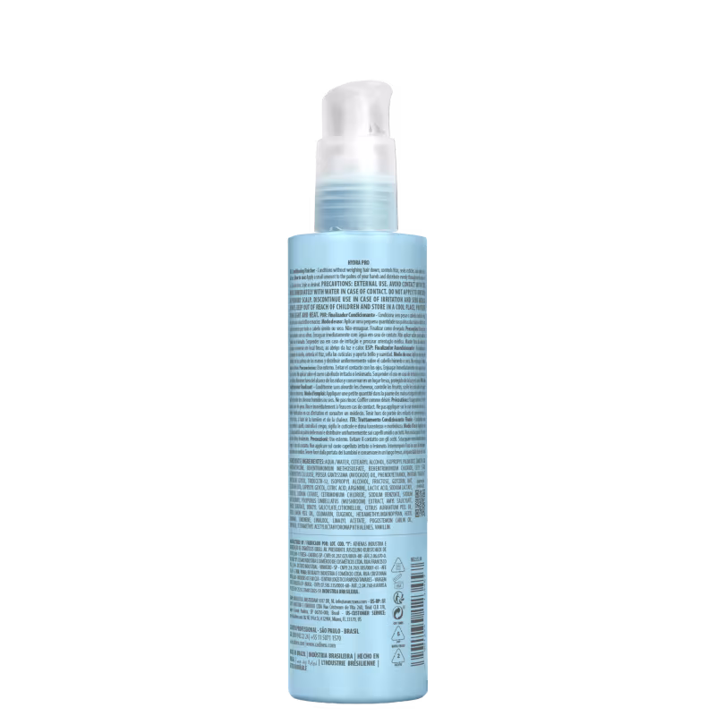 Parte de trás da embalagem do leave-in Hydra Pro, da marca Cadiveu Professional, com embalagem em tons de azul claro, contendo informações sobre o produto.