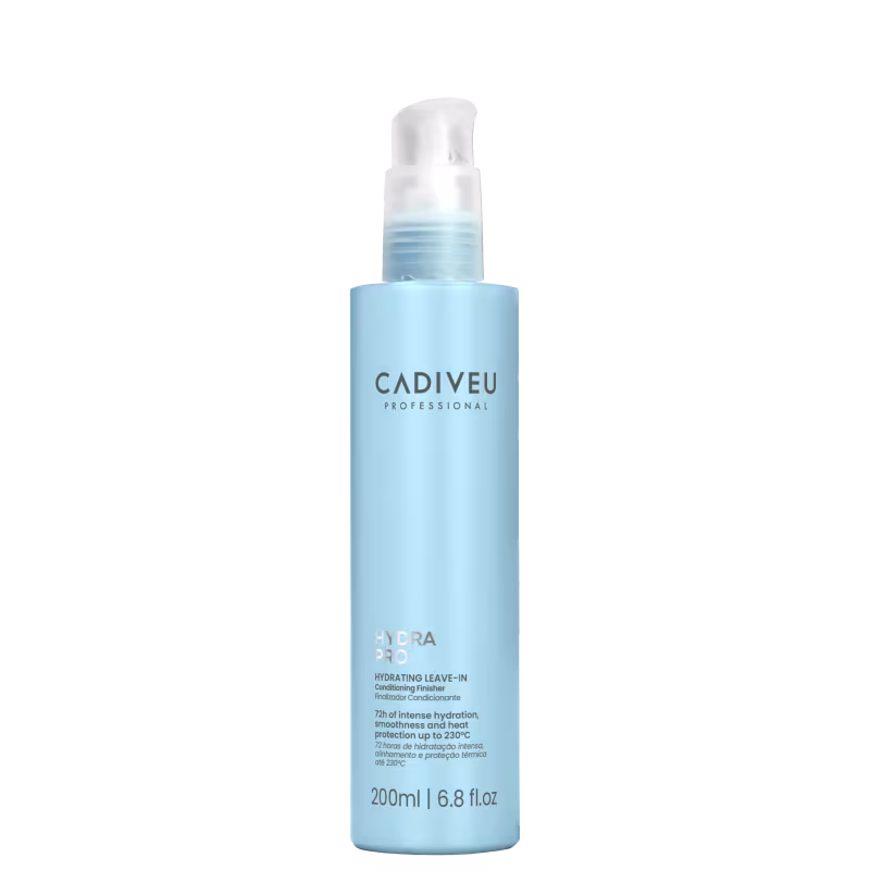 Frasco de leave-in 200ml da linha Hydra Pro da Cadiveu Professional, com embalagem azul claro e rótulo com o nome da marca em branco e cinza. Produto de tratamento capilar leave-in para hidratação, suavidade e proteção térmica até 230°C.