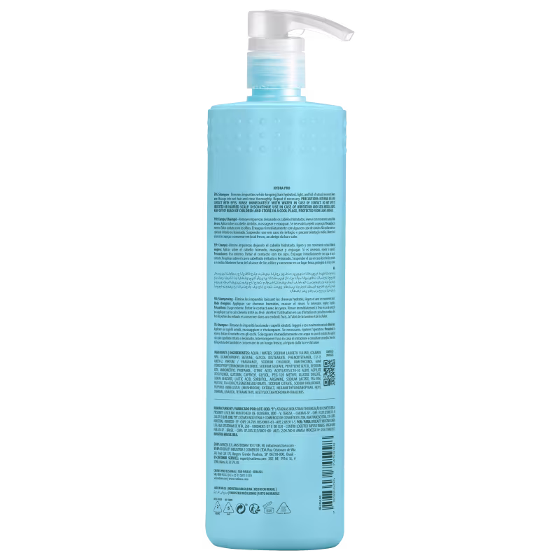 Parte de trás do Shampoo Cadiveu Professional Hydra-Pro, com design cilíndrico e textura pontilhada, em tonalidade azul clara, contendo informações sobre o produto no rótulo.