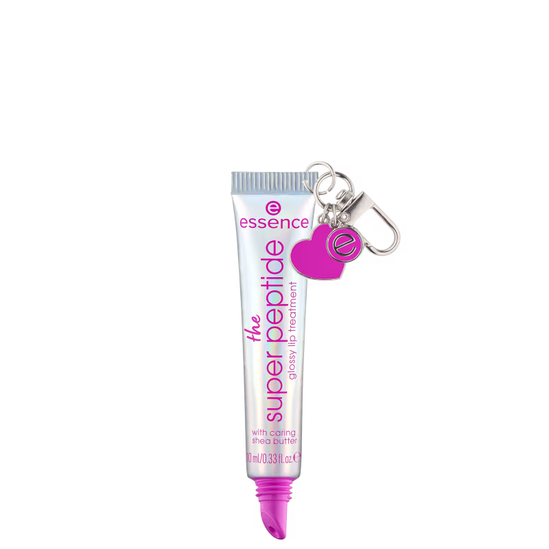 Embalagem do gloss prateada furta-cor e rosa. Contém texto "the super peptide" e logotipo da marca. Possui um pingente em forma de coração rosa preso ao tubo.