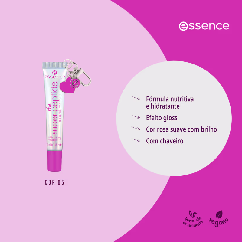 "The super petite with caring shea butter" e informações sobre suas características, como fórmula nutritiva e hidratante, efeito gloss, cor rosa suave e com chaveiro.