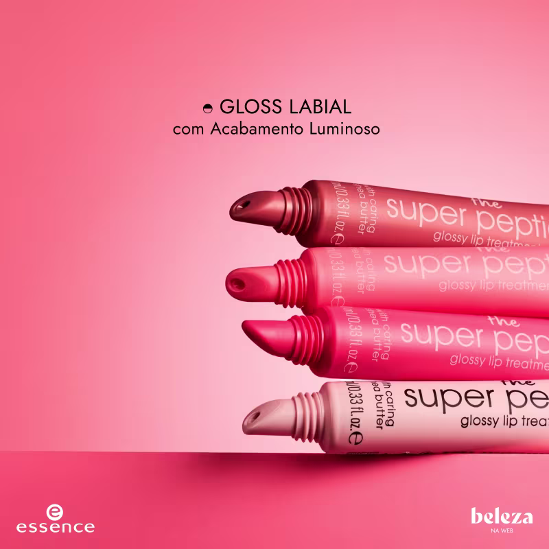 Quatro tubos de gloss labial da marca Essence com acabamento luminoso.

