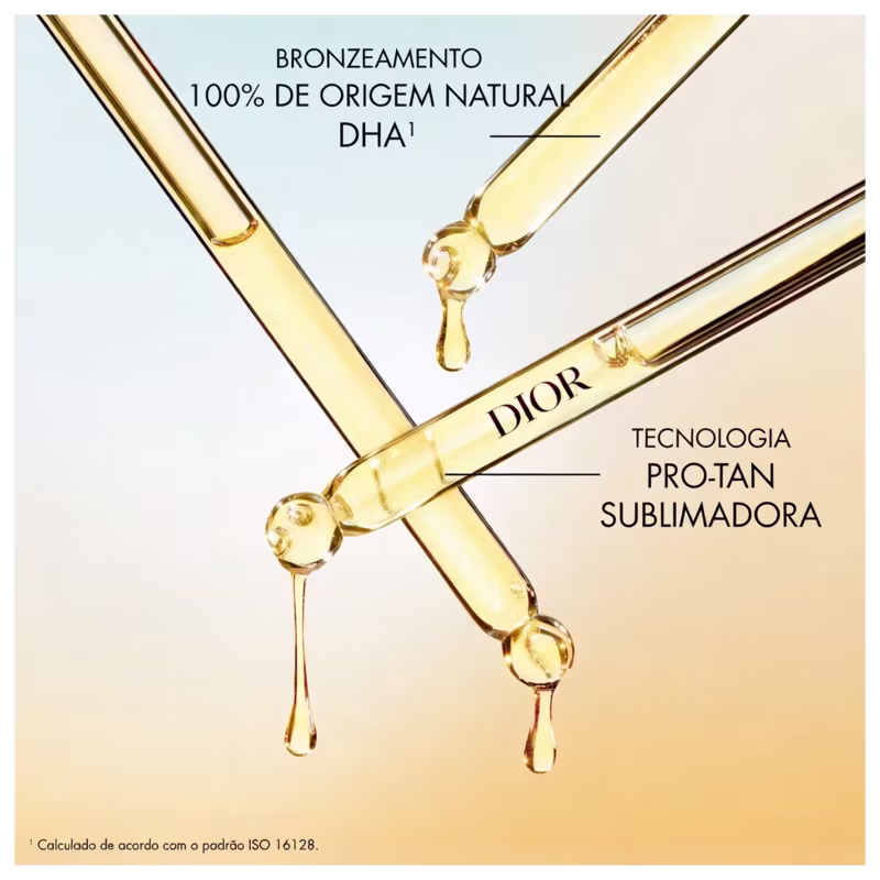 Imagem promocional de produto de bronzeamento da marca Dior, com destaque para a tecnologia "Pro-Tan Sublimadora" e a origem natural do DHA.