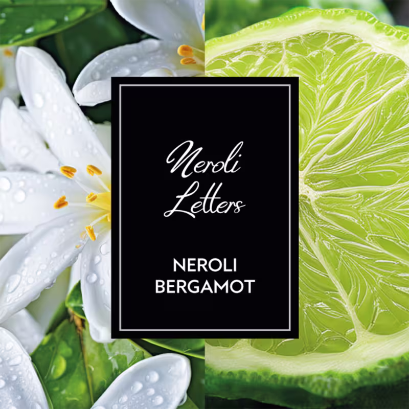 Embalagem preta com texto em branco "Meroli Letters" e "Neroli Bergamot" em destaque. Fundo com flores brancas e folhas verdes brilhantes, sugerindo um perfume floral cítrico.