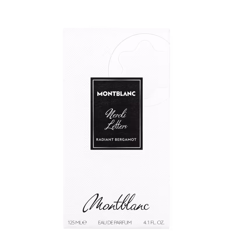 Frasco de perfume Montblanc Neroli Letters com rótulo preto e branco, apresentando o nome da marca e a fragrância "Radiant Bergamot". O produto possui 125 ml e está em embalagem com design elegante e minimalista.