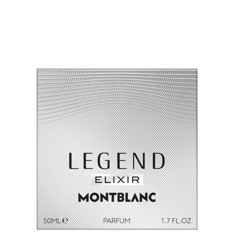 Frasco de perfume Montblanc Legend Elixir, com embalagem branca e preta, exibindo o nome da marca e do produto em destaque. O frasco possui formato retangular e contém 50 ml de parfum.