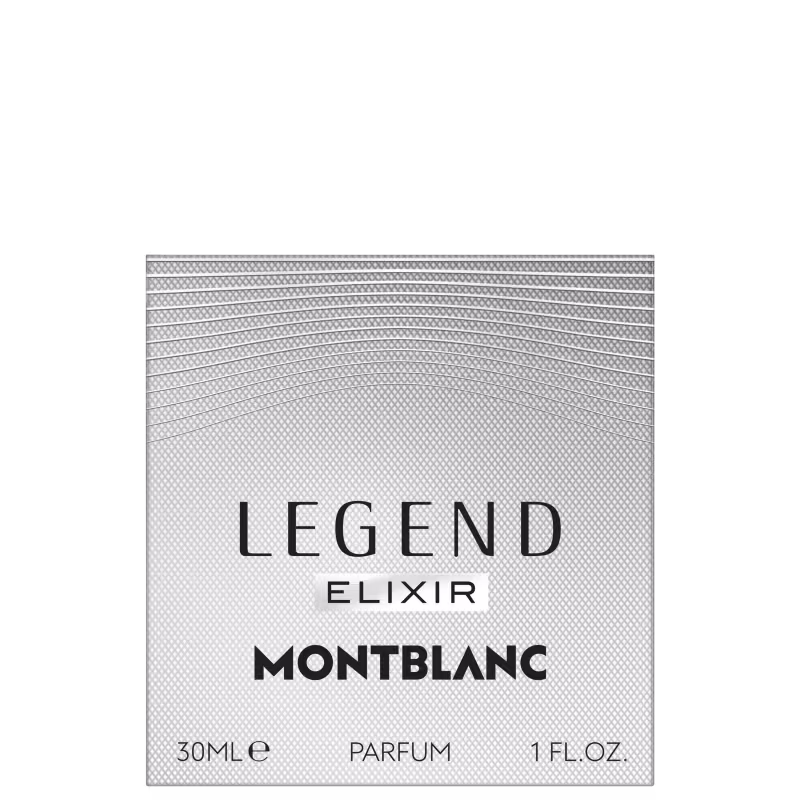 Frasco de perfume Montblanc Legend Elixir, com embalagem em tons de cinza e preto, exibindo o nome da marca e do produto em destaque. O frasco possui formato retangular e contém 30 ml de parfum.
