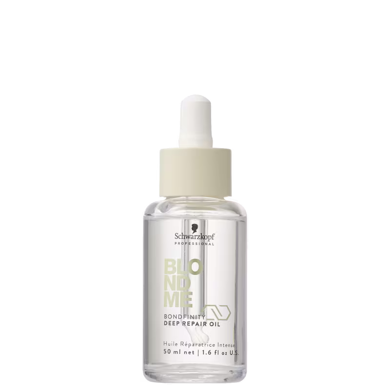 Frasco transparente com conta-gotas contendo óleo reparador profundo da linha Bondfinity da Schwarzkopf Professional, com 50ml