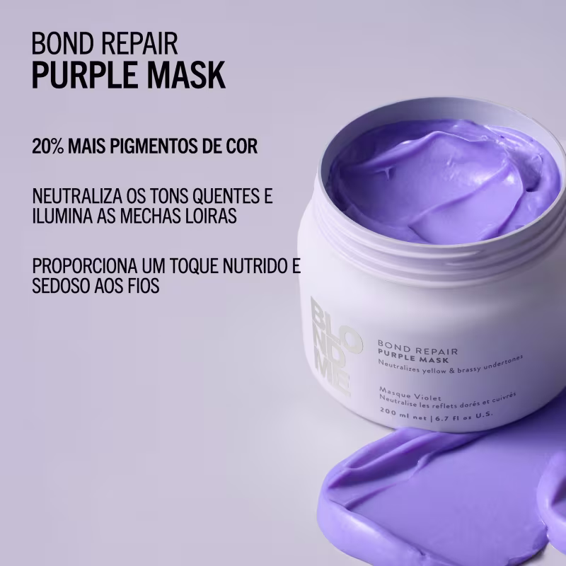 BOND REPAIR PURPLE MASK 20% MAIS PIGMENTOS DE COR NEUTRALIZA OS TONS QUENTES E ILUMINA AS MECHAS LOIRAS PROPORCIONA UM TOQUE NUTRIDO E SEDOSO AOS FIOS