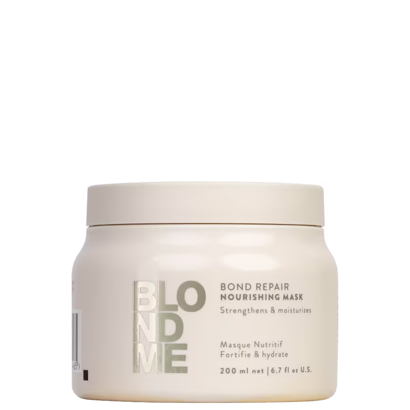 Pote de 200 ml da máscara nutritiva reparadora da linha Blond Me da Schwarzkopf Professional, que fortalece e nutre os cabelos.