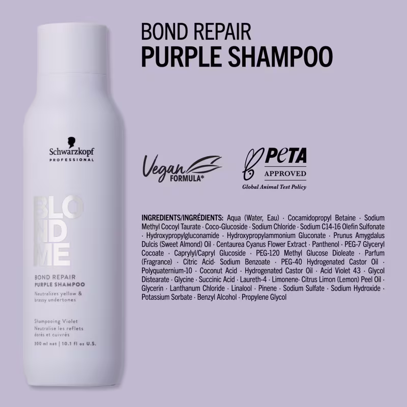 Embalagem de shampoo roxo da marca Schwarzkopf Professional, com informações sobre ingredientes e certificação PETA. Fundo branco com detalhes em preto e roxo, indicando um produto de cuidado capilar profissional.