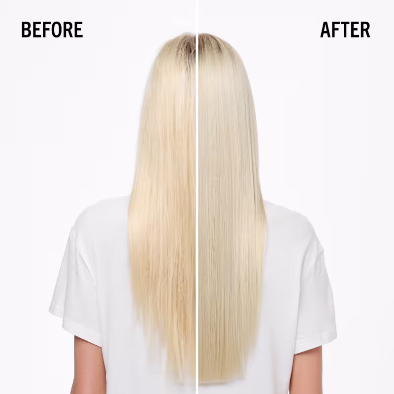 Imagem antes e depois da marca Schwarzkopf Professional, mostrando a transformação dos cabelos loiros opacos em vibrantes.