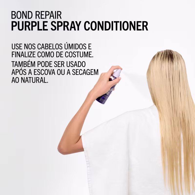 BOND REPAIR PURPLE SPRAY CONDITIONER
USE NOS CABELOS ÚMIDOS E FINALIZE COMO DE COSTUME.
TAMBÉM PODE SER USADO APÓS A ESCOVA OU A SECAGEM AO NATURAL.