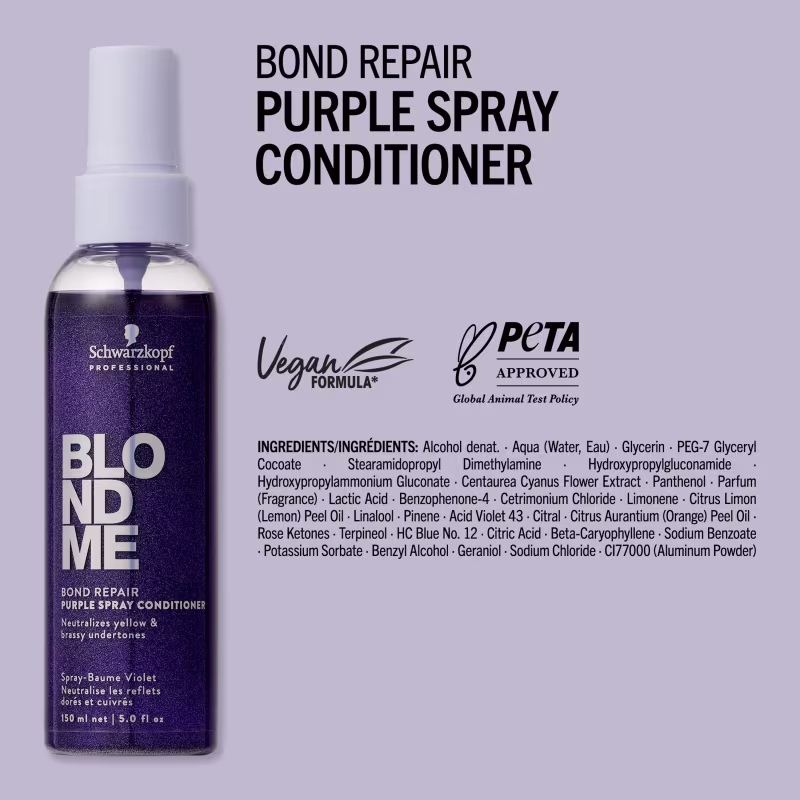 Produto de condicionador de cabelos da marca Schwarzkopf Professional, com embalagem roxa e informações sobre sua fórmula vegana e aprovação da PETA. O ambiente é neutro, com fundo claro, destacando as informações técnicas do produto.