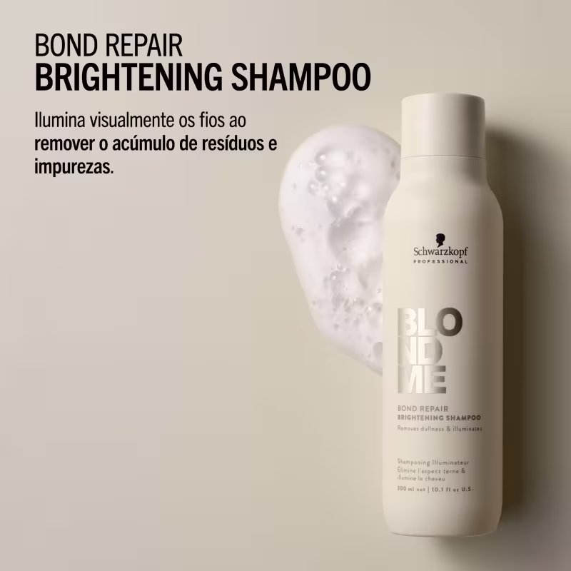Bond repair brightening shampoo. Ilumina visualmente os fios ao remover o acúmulo de resíduos e impurezas.