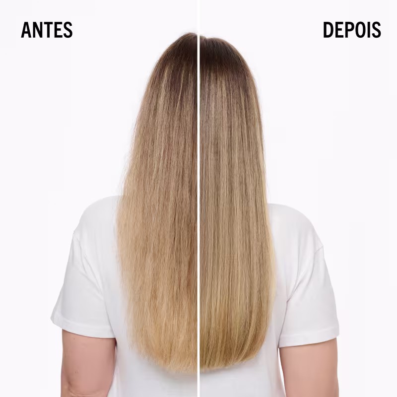 Antes e depois de um tratamento da Schwarzkopf Professional, mostrando a transformação de cabelos opacos para um tom loiro brilhante e sedoso.