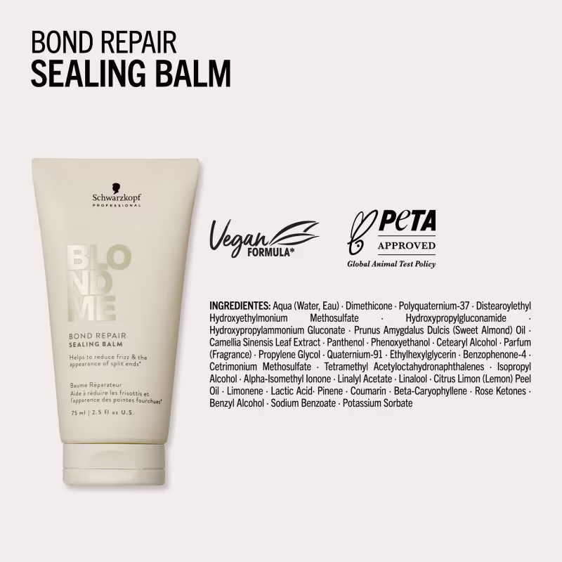 Produto de tratamento capilar da marca Schwarzkopf Professional, com fórmula vegana e aprovação da PETA. Embalagem em tons neutros, com destaque para o nome do produto e informações sobre seus benefícios.