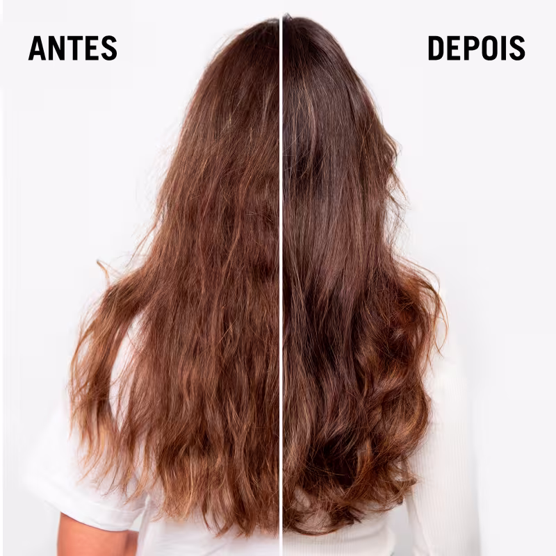 Imagem antes e depois de um tratamento de cabelo da marca Schwarzkopf Professional, mostrando a transformação de cabelos danificados em um visual saudável e brilhante.