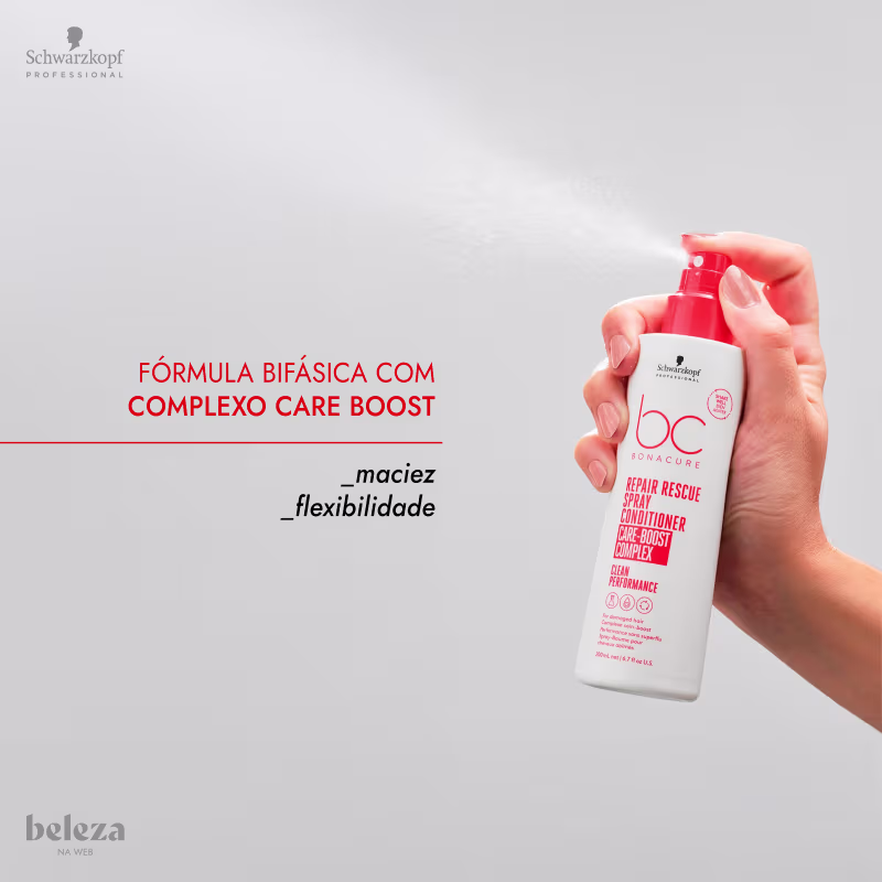 Frasco branco com tampa vermelha da linha Bonacure Repair Rescue da Schwarzkopf Professional, contendo um spray condicionador de 400ml, com fórmula bifásica e complexo de cuidados para recuperação e flexibilidade dos cabelos.