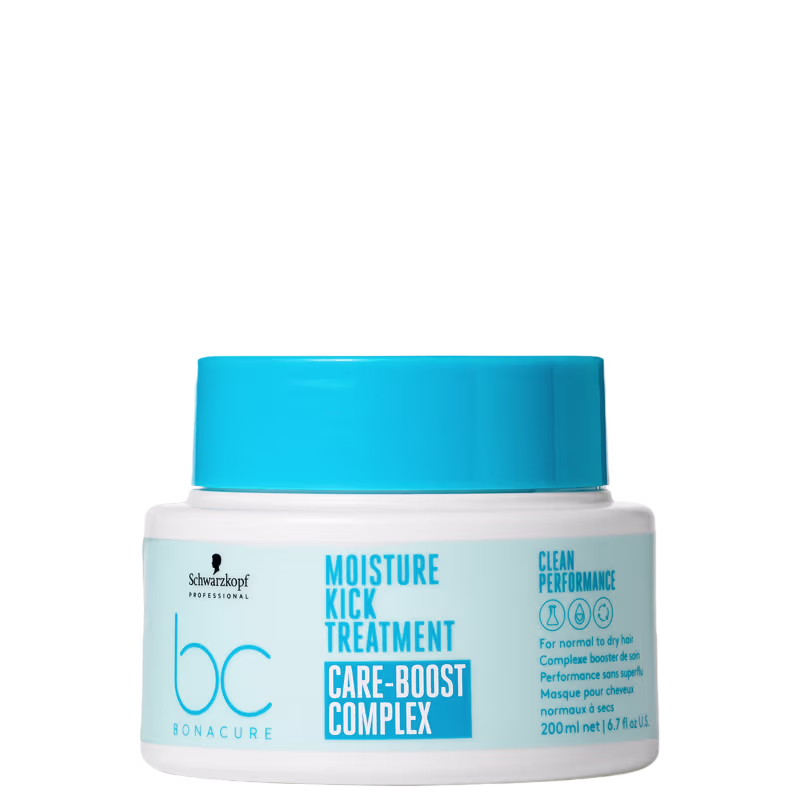 Máscara de hidratação de 200ml da linha Bonacure Moisture Kick da Schwarzkopf Professional, com tampa azul e rótulo branco destacando o nome "Moisture Kick Treatment" e "Care-Boost Complex".