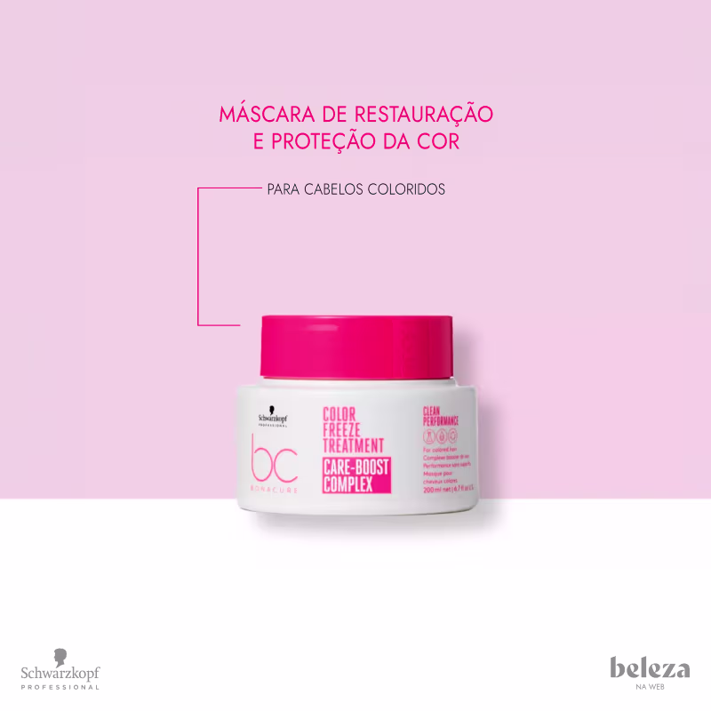 Máscara de restauração e proteção da cor para cabelos coloridos da marca Schwarzkopf Professional, com texto "Color Freeze Treatment Care-Boost Complex" visível na embalagem.