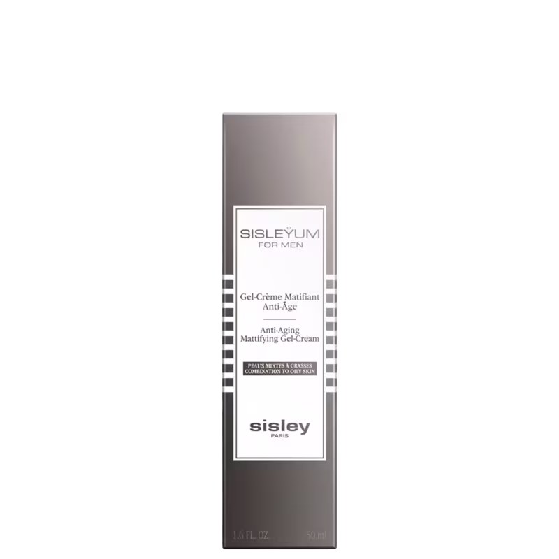 Frasco de gel-creme antienvelhecimento com design minimalista em tons de cinza e preto. O rótulo destaca o nome da marca "Sisley Paris" e a descrição do produto "Anti-Aging Mattifying Gel-Cream".