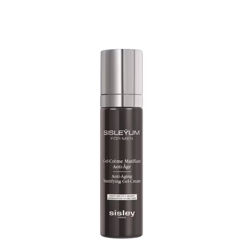 Frasco de gel-creme antienvelhecimento com design minimalista em tons de cinza e preto. O rótulo destaca o nome da marca "Sisley Paris" e a descrição do produto "Anti-Aging Mattifying Gel-Cream".
