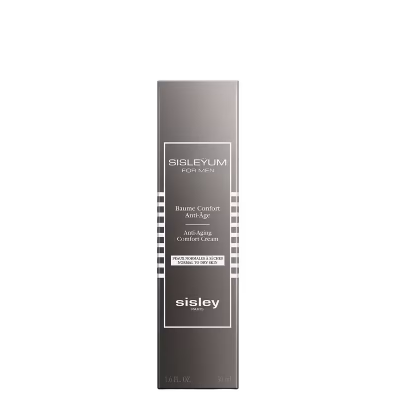 Frasco de creme anti-idade da Sisley Paris. Embalagem em tons de cinza com o nome da marca e do produto destacados. Produto com promessa de conforto e redução de sinais de envelhecimento.
