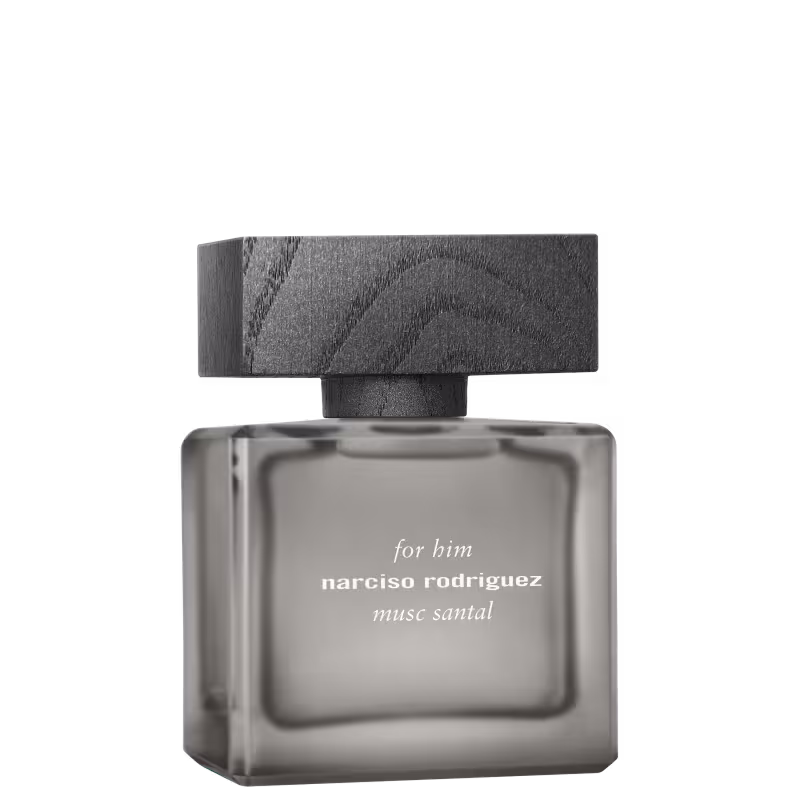 Frasco de perfume masculino da marca Narciso Rodriguez, com embalagem de vidro escuro e rótulo com o nome do produto "Musc Santal" em letras brancas.