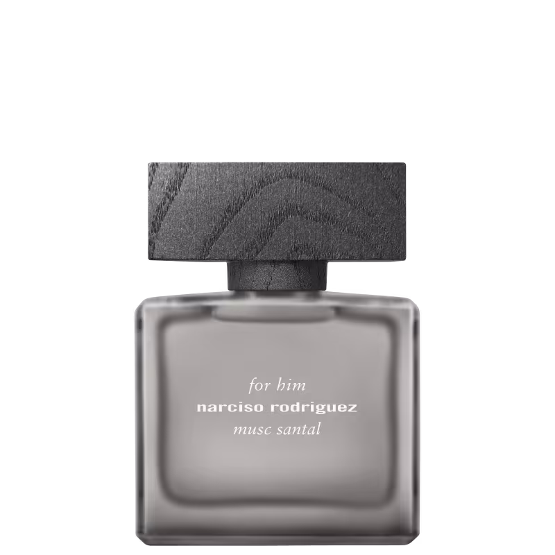 Frasco de perfume masculino da marca Narciso Rodriguez, com embalagem de vidro escuro e rótulo com o nome do produto "Musc Santal" em letras brancas.