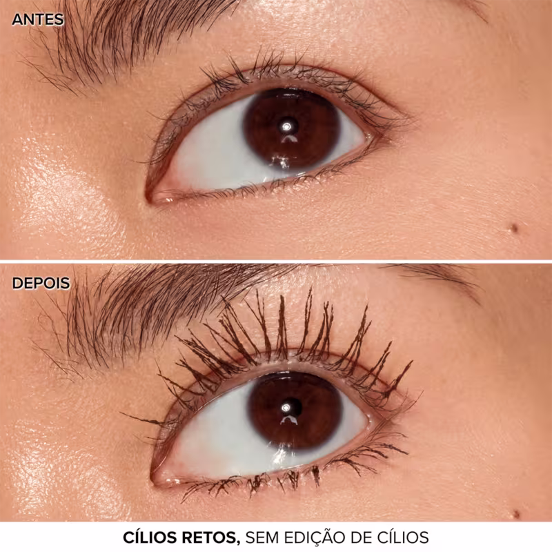 A imagem mostra antes e depois do uso da Too Faced Ribbon Wrapped Lash Mascara Chocolate. Texto: Cílios retos, sem edição de cílios.