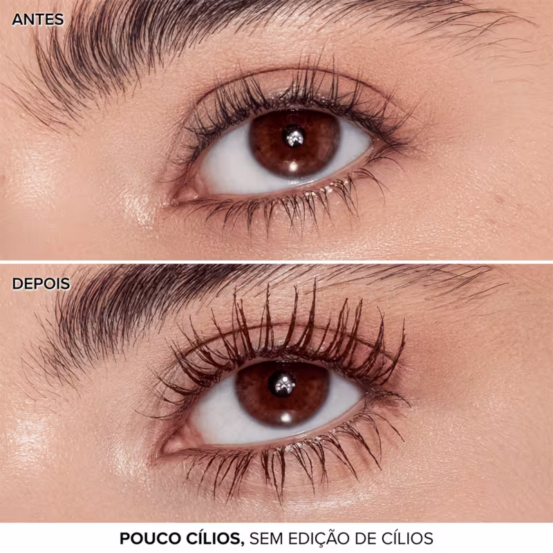 A imagem mostra antes e depois do uso da Too Faced Ribbon Wrapped Lash Mascara Chocolate. Texto: Poucos cílios, sem edição de cílios.