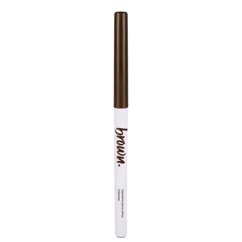 Lapiseira para olhos marrom da marca Vizzela Cosméticos, com embalagem cilíndrica e rótulo branco com o nome da marca em destaque.