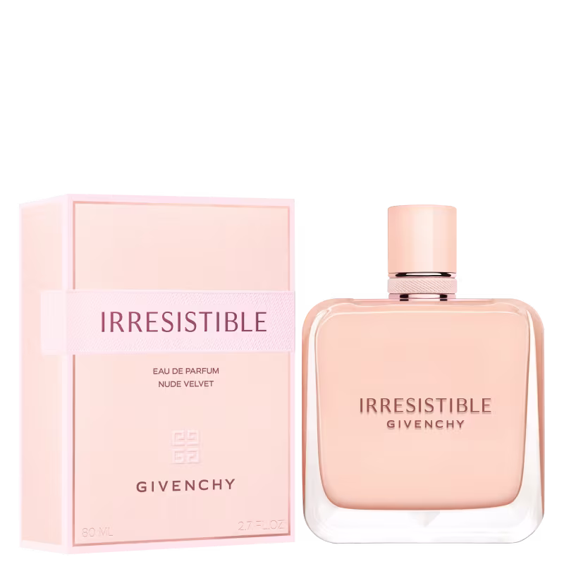 Frasco de perfume Irresistible da Givenchy, com embalagem em tons de rosa claro e branco. O rótulo destaca o nome "Irresistible" e a marca Givenchy em letras elegantes.