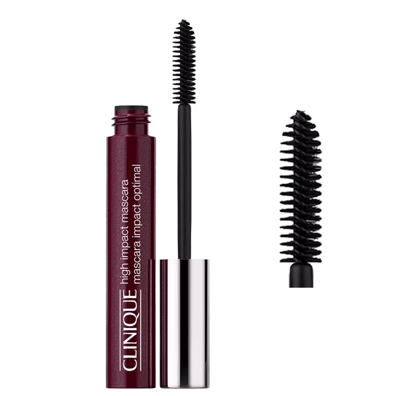 Frasco de máscara de cílios da marca Clinique com escova de cerdas espirais. Rótulo vermelho com texto "High Impact Mascara" e "Clinique" em letras brancas.