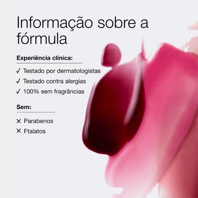 Informação sobre a fórmula: Testado por dermatologistas, testado contra alergias, 100% sem fragrâncias. Sem: Parabenos, Ftalatos.