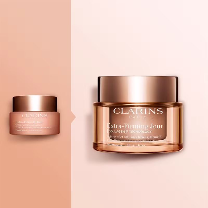 A imagem mostra a mudança da embalagem do Clarins Extra-Firming Day Cream
