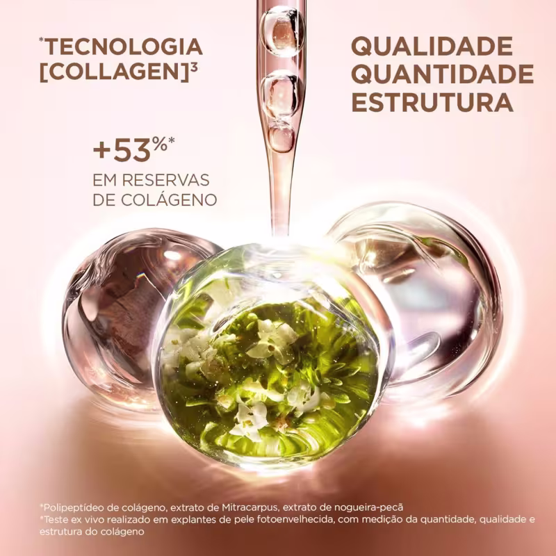 Embalagem de vidro com líquido verde e flores em suspensão, com texto "Tecnologia [Collagen]³" e "Qualidade Quantidade Estrutura" indicando tratar-se de um item de perfumaria com tecnologia de colágeno.