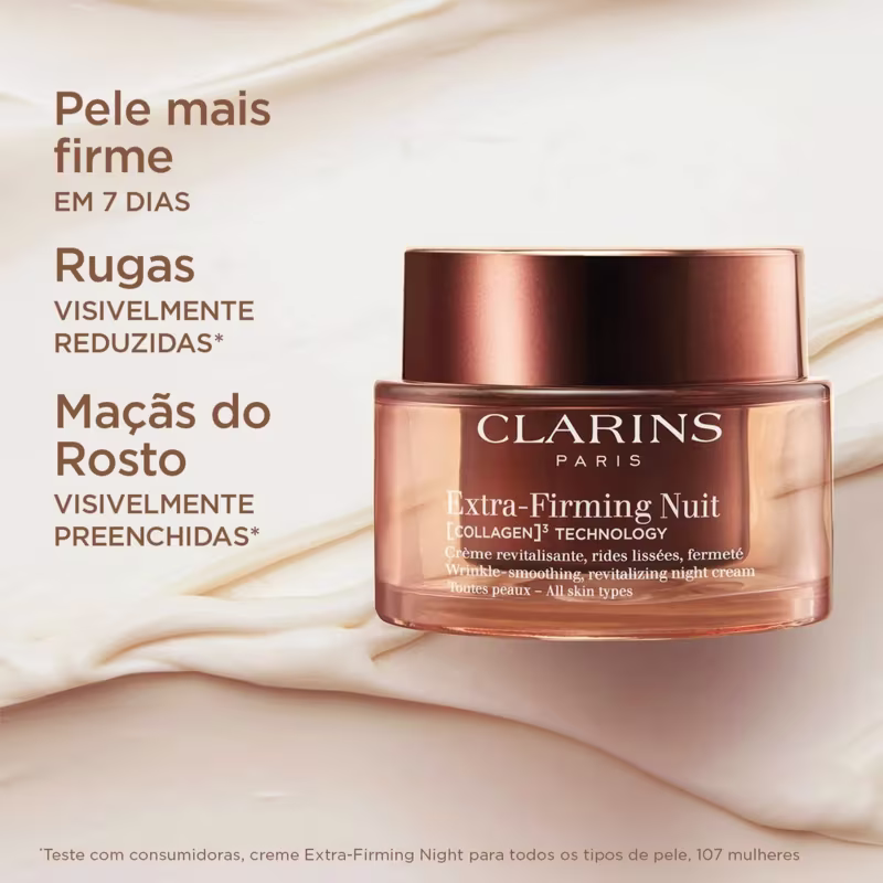 Embalagem com texto "Extra-Firming Nuit" e "Collagen3 Technology", descrevendo um creme revitalizante para reduzir visivelmente rugas e reafirmar a pele em 7 dias.