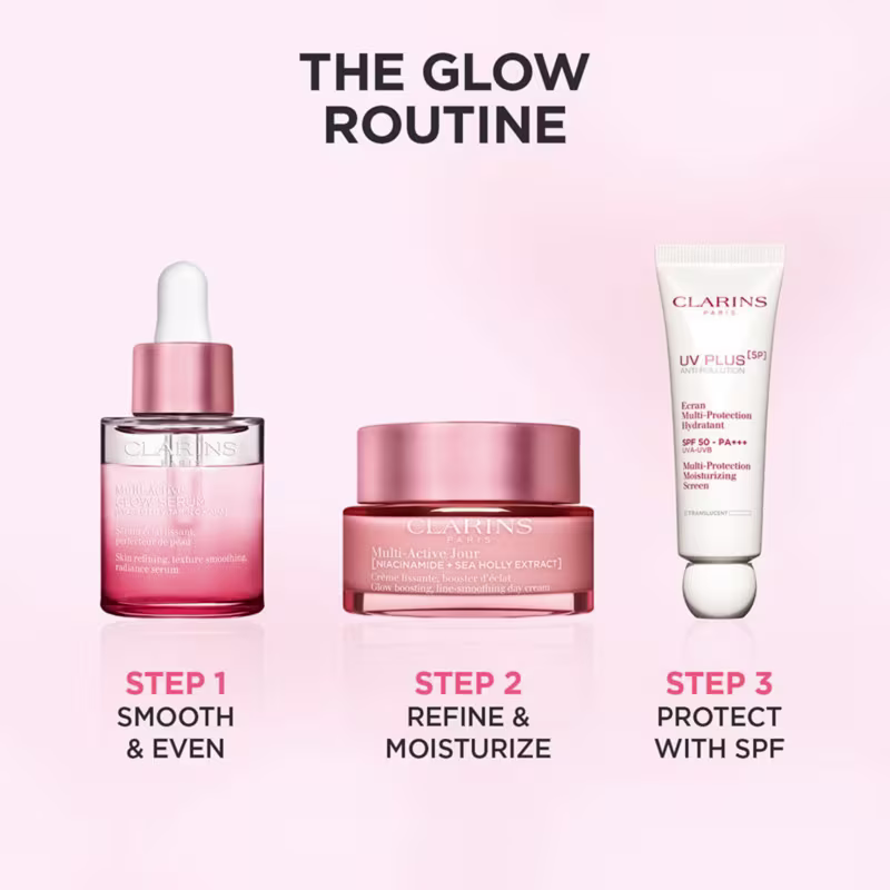 Três itens de Clarins: soro iluminador, creme hidratante e protetor solar, com textos "The Glow Routine", "Multi-Active Jour" e "UV Plus [SP] Multi-Protection Hydratant".