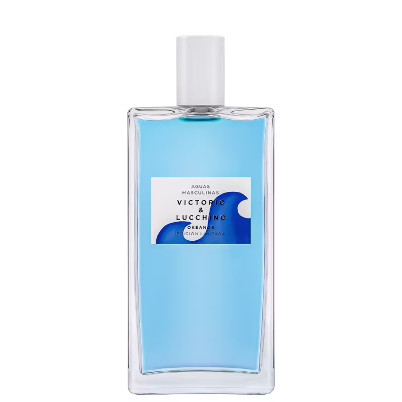 Frasco de perfume masculino Victorio & Lucchino, com design minimalista em tons de azul e branco. Rótulo com o nome da fragrância e informações sobre a edição limitada.