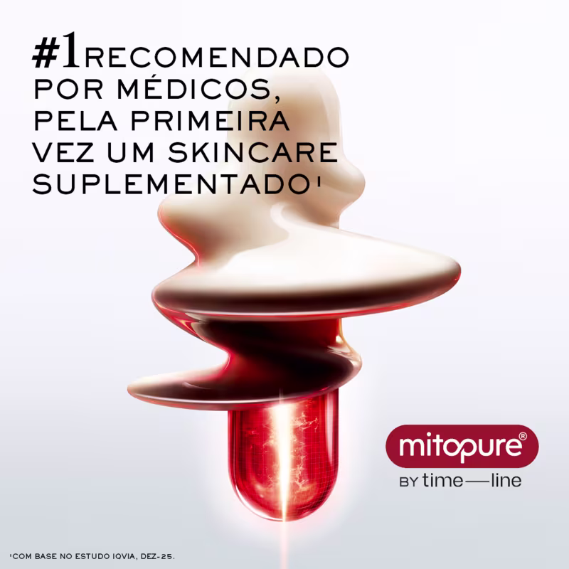 "#1 recomendado por médicos, pela primeira vez um skincare suplementado" e logotipo da marca Mitopure.