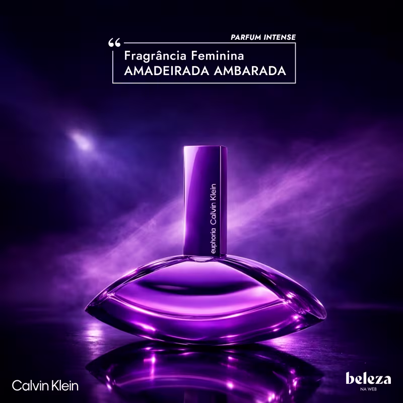 Frasco de item de perfumaria da marca Calvin Klein com embalagem roxa brilhante, exibindo o texto "Fragrância Feminina Amadeirada Ambarada" em destaque.