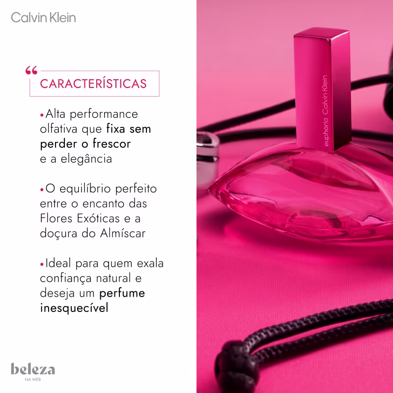 Embalagem rosa brilhante de item de perfumaria da marca Calvin Klein, com texto listando atributos como alta performance olfativa, equilíbrio entre notas florais e almíscar, e ideal para quem deseja um perfume inesquecível.
