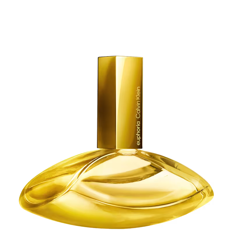 Frasco de item de perfumaria dourado com tampa retangular, contendo texto "euphoria Calvin Klein" em letras douradas. O frasco possui formato arredondado e brilhante, com superfície lisa e curvas suaves.