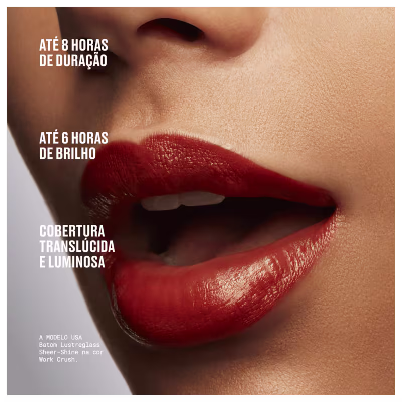  "ATÉ 8 HORAS DE DURAÇÃO" e "ATÉ 6 HORAS DE BRILHO". Embalagem com informações sobre cobertura translúcida e luminosa.