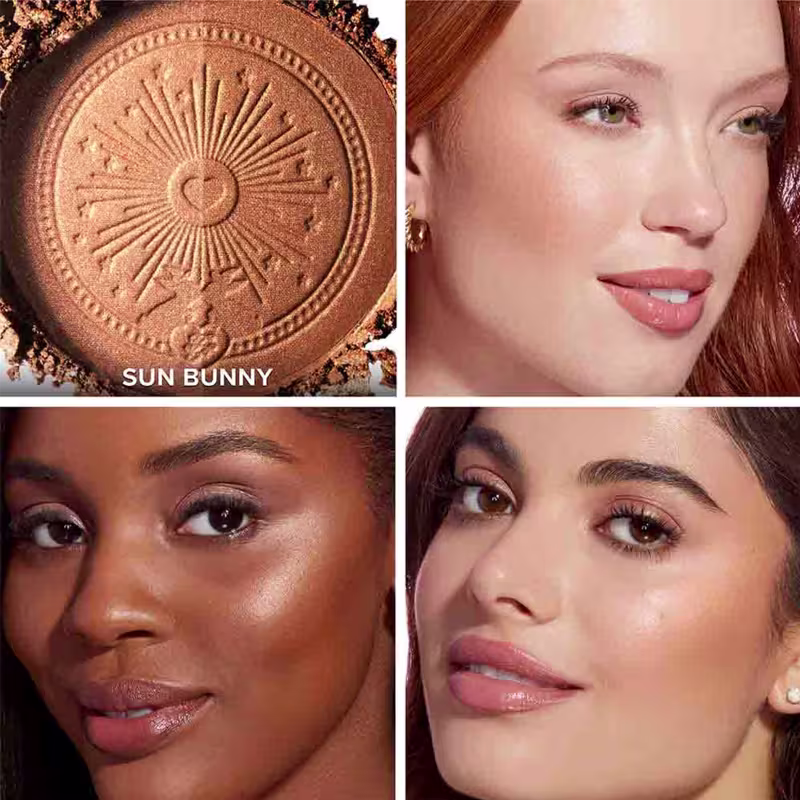 A imagem apresenta um produto de maquiagem da marca Sun Bunny, com um design de sol dourado em relevo. Ao redor, há rostos de mulheres com maquiagem aplicada, sugerindo o uso e efeito do produto.