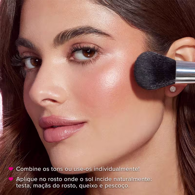 Combine os tons ou use-os individualmente! Aplique no rosto onde o sol incide naturalmente: testa, maçãs do rosto, queixo e pescoço.