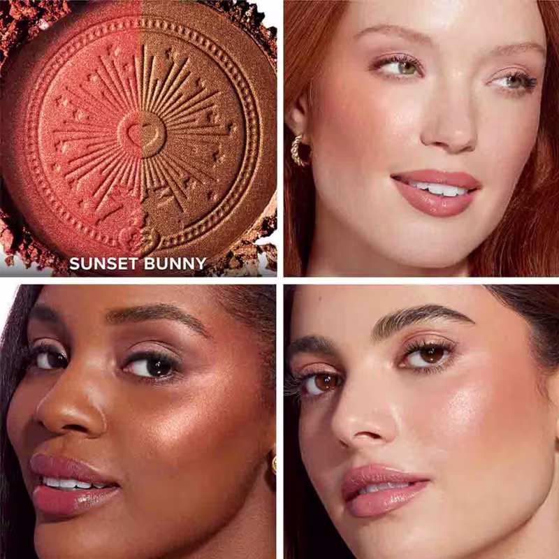 A imagem apresenta um produto de maquiagem da marca Sun Bunny, com um design de sol dourado em relevo. Ao redor, há rostos de mulheres com maquiagem aplicada, sugerindo o uso e efeito do produto.
